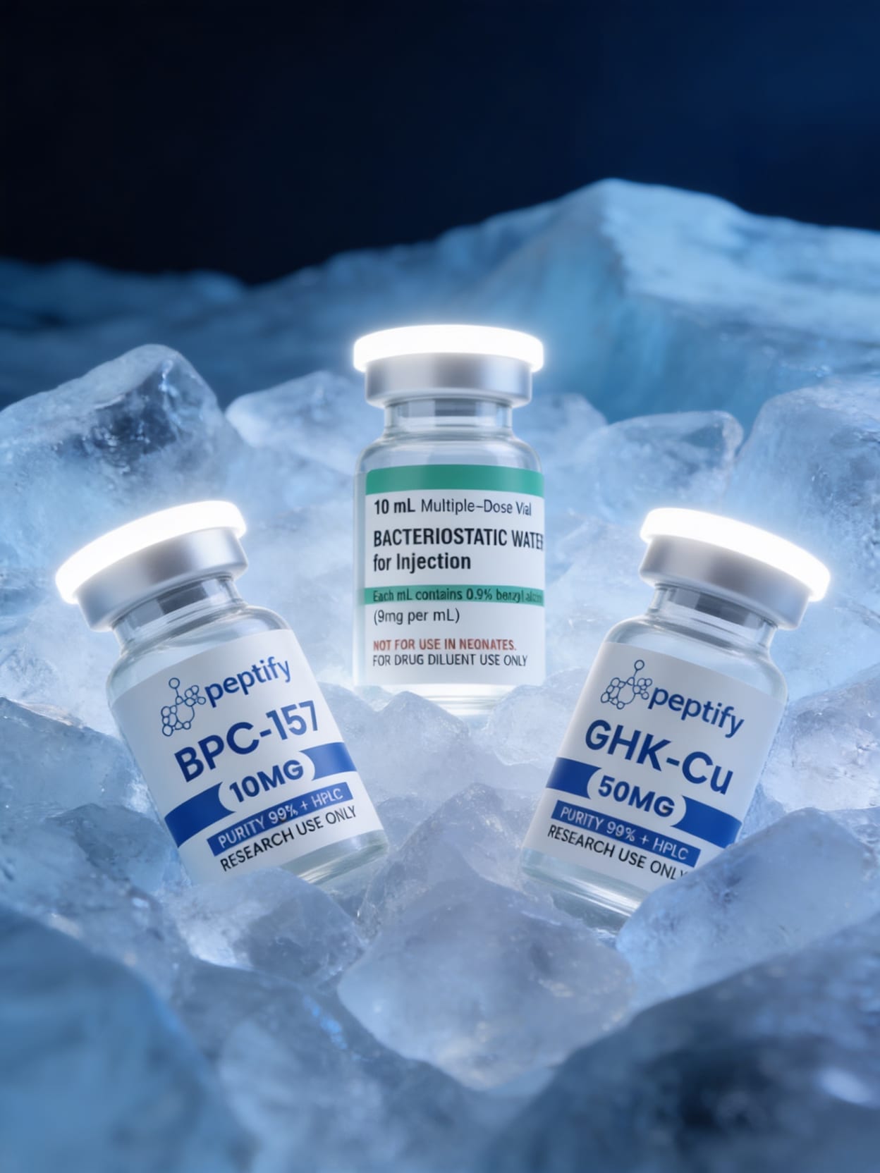 Peptify research peptide vials — BPC-157 10mg, Bacteriostatic Water 10mL, GHK-Cu 50mg — on ice. 99% HPLC purity, Janoshik COA per batch, UK dispatched. For research use only.